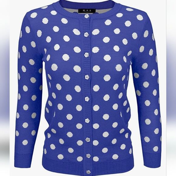 🔥NWT Blue w/White Polka Dot Buttoned 3/4 Sleeve Cardigan Sweater Large - Picture 1 of 13
